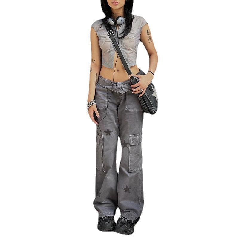 Street Retro Low Rise Denim Cargo Pants