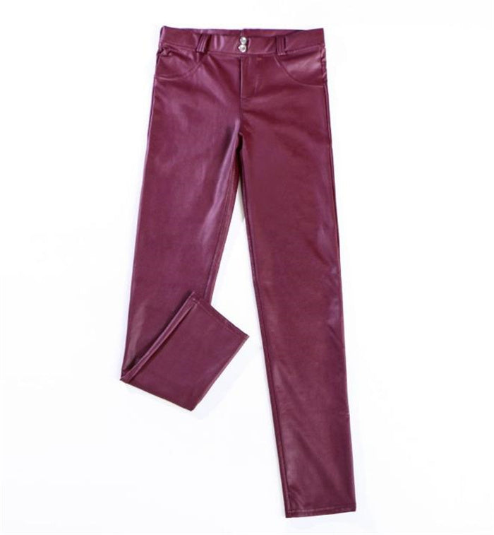 Fleece low-rise peach pants PU leather pants elastic