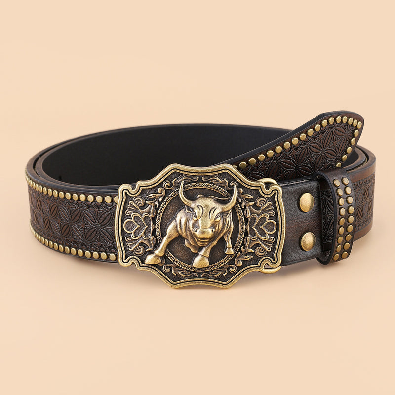 Women's Retro Embossing Rivet Bullhead Big Plate Buckle Belt