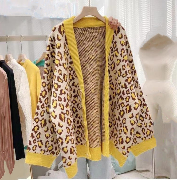 Sweater Coat Plus Size Leopard Print Women's Mid-length