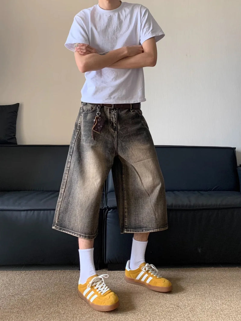 Oversized Hip Hop Jeans Shorts for Men Summer Retro Wide Leg Denim Knee Lenght Pants