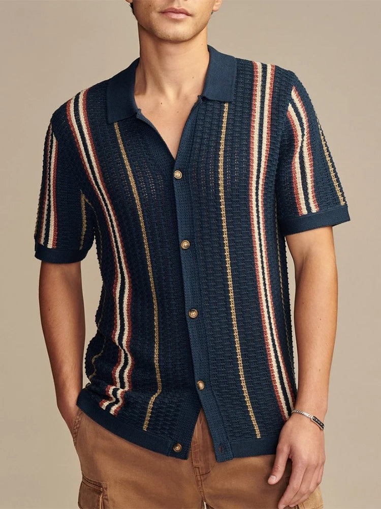 2025 Spring Summer Stylish Striped Shirts Men Knitted Short Sleeve Lapel Buttoned Cardigan Tops Mens Casual Slim Fit Knit Shirt