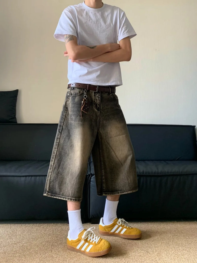 Oversized Hip Hop Jeans Shorts for Men Summer Retro Wide Leg Denim Knee Lenght Pants