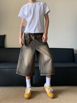 Oversized Hip Hop Jeans Shorts for Men Summer Retro Wide Leg Denim Knee Lenght Pants