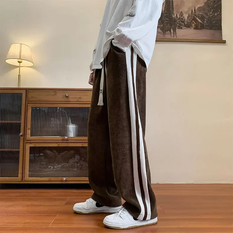 Men's Corduroy Pants High Street Style Loose Fit Straight Leg Casual Trousers Trendy Brand Draped Stripe Spring Autumn