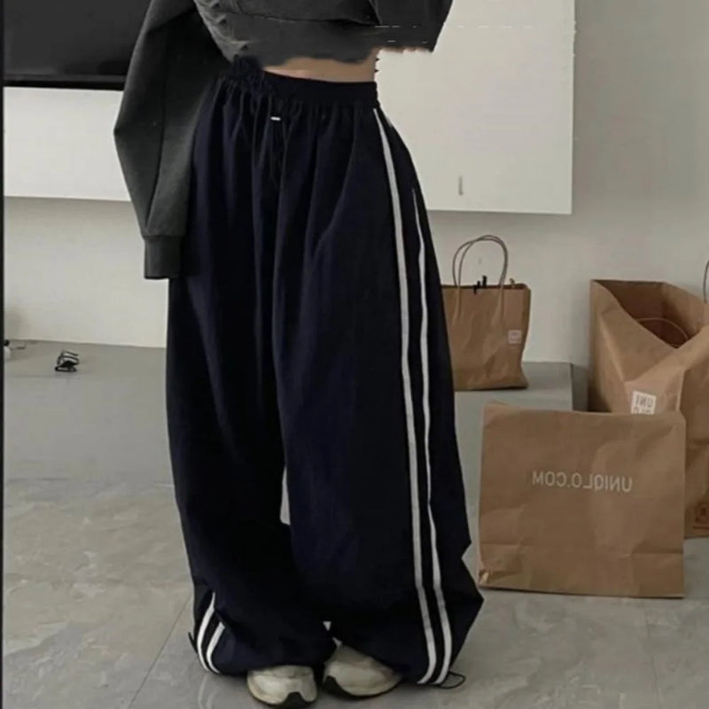 Retro SweatPant Oversized Baggy Pants Fashion Women Striped Elastic Waist Pocket Wide Leg Pant Streetwear Vintage Y2K Trousers