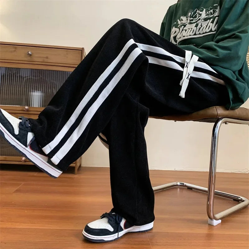 Men's Corduroy Pants High Street Style Loose Fit Straight Leg Casual Trousers Trendy Brand Draped Stripe Spring Autumn