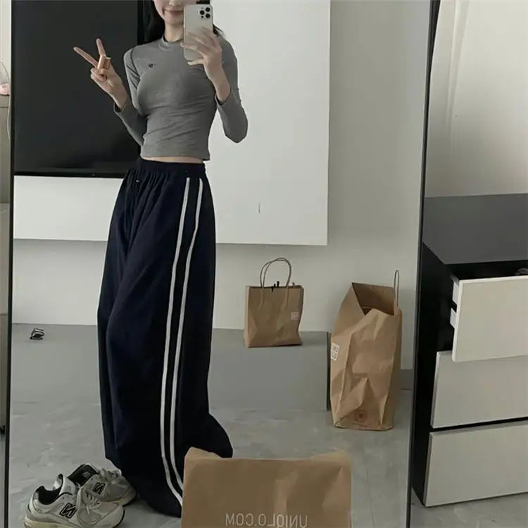 Retro SweatPant Oversized Baggy Pants Fashion Women Striped Elastic Waist Pocket Wide Leg Pant Streetwear Vintage Y2K Trousers