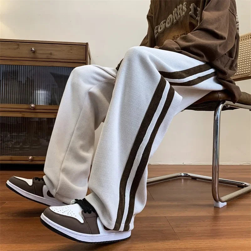 Men's Corduroy Pants High Street Style Loose Fit Straight Leg Casual Trousers Trendy Brand Draped Stripe Spring Autumn