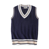 Sweater Vest Men Thicken V-neck Sleeveless Knitted Sweaters Vests Striped Retro Preppy-style Simple Chic Loose Casual All-match