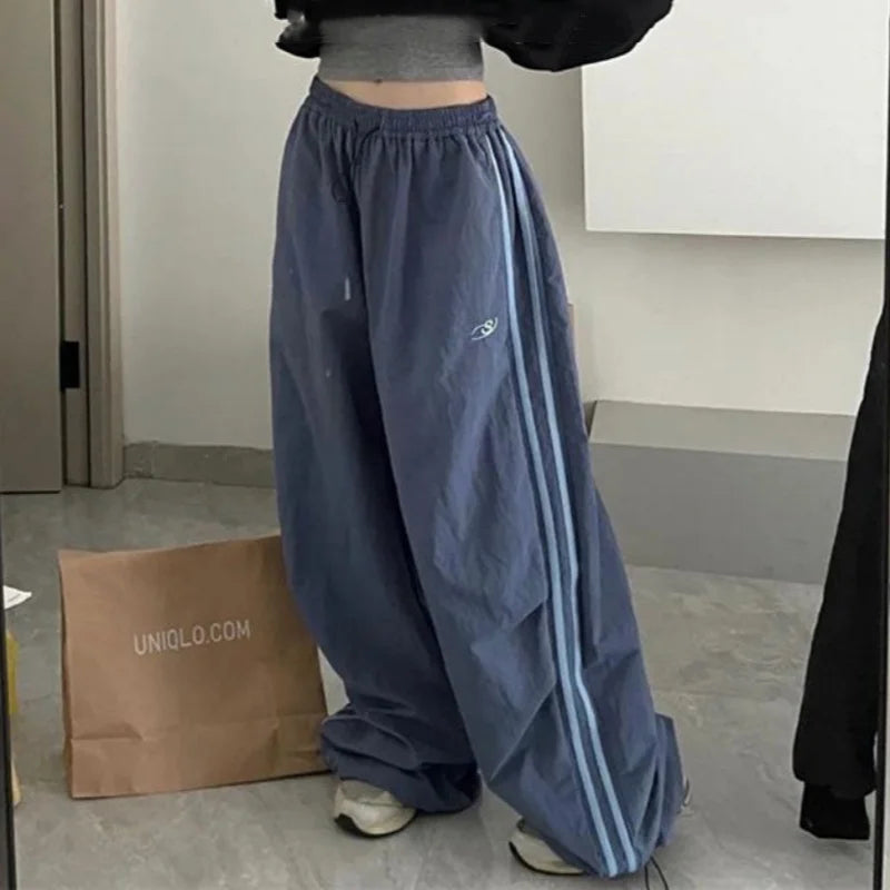 Retro SweatPant Oversized Baggy Pants Fashion Women Striped Elastic Waist Pocket Wide Leg Pant Streetwear Vintage Y2K Trousers