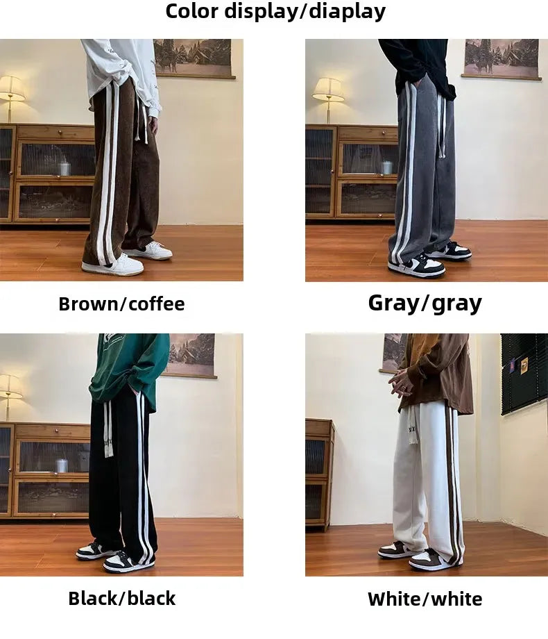 Men's Corduroy Pants High Street Style Loose Fit Straight Leg Casual Trousers Trendy Brand Draped Stripe Spring Autumn