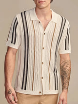 2025 Spring Summer Stylish Striped Shirts Men Knitted Short Sleeve Lapel Buttoned Cardigan Tops Mens Casual Slim Fit Knit Shirt