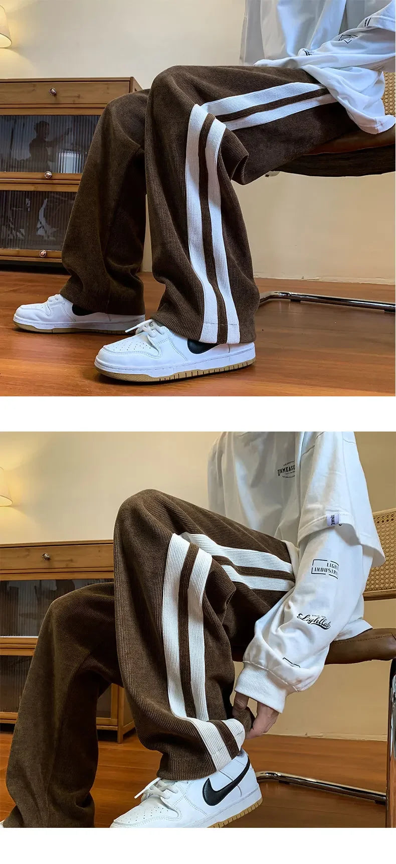 Men's Corduroy Pants High Street Style Loose Fit Straight Leg Casual Trousers Trendy Brand Draped Stripe Spring Autumn