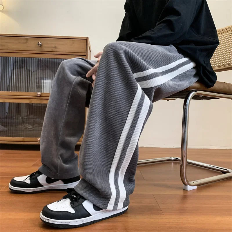 Men's Corduroy Pants High Street Style Loose Fit Straight Leg Casual Trousers Trendy Brand Draped Stripe Spring Autumn