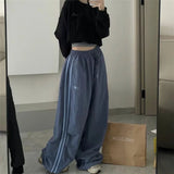 Retro SweatPant Oversized Baggy Pants Fashion Women Striped Elastic Waist Pocket Wide Leg Pant Streetwear Vintage Y2K Trousers