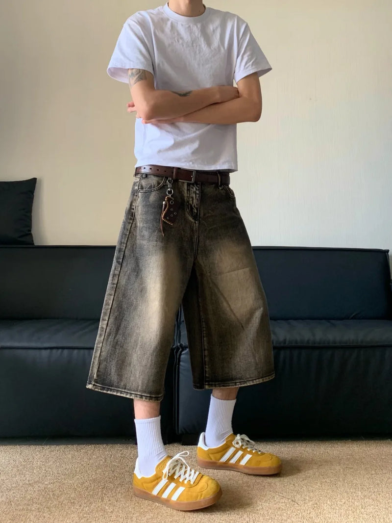 Oversized Hip Hop Jeans Shorts for Men Summer Retro Wide Leg Denim Knee Lenght Pants